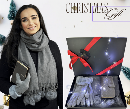 Cadoul perfect de Crăciun - 3 in1 Eșarfă groasa de damă din cashmere, portofel piele naturala gri și mănuși  catifelate  2103Grey [0]