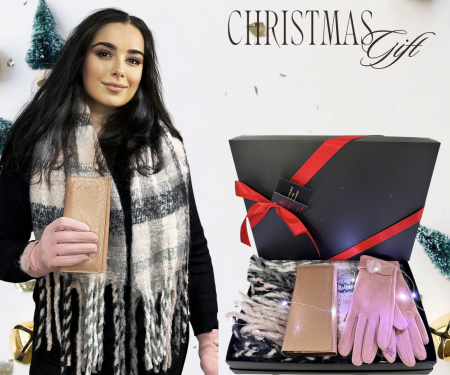 Cadoul perfect de Crăciun - 3 in1 Eșarfă groasa de damă din cashmere, portofel piele naturala roz și mănuși  catifelate  2101P [0]