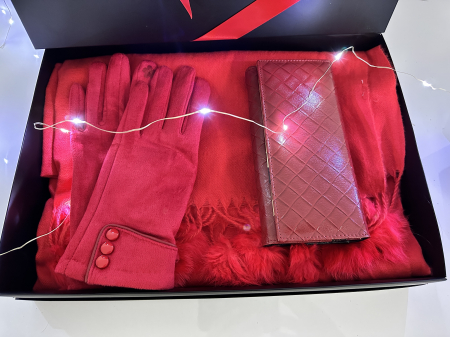 Cadoul perfect de Crăciun - 3 in1 Eșarfă groasa de damă din cashmere, portofel roșu de piele naturala și mănuși  catifelate  5071R [3]