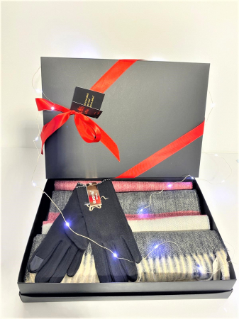 Cadoul perfect de Crăciun - Eșarfă de damă din cashmere cu lână și vâscoză,și mănuși din material textil, catifelat, negru cu bordo [2]