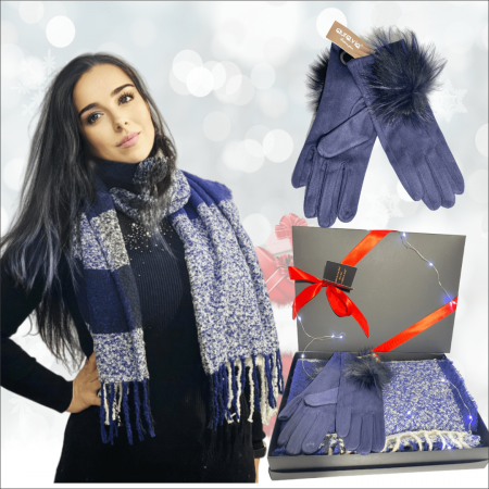 Cadoul perfect de Crăciun - Eșarfă de damă din cashmere cu lână și vâscoză,și mănuși din material textil, catifelat, bleumarin [0]