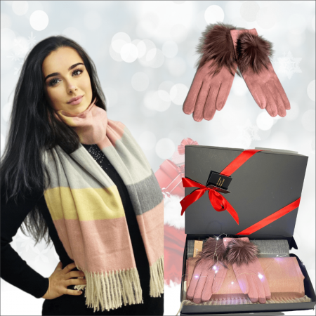 Cadoul perfect de Crăciun - Eșarfă de damă din cashmere cu lână și vâscoză,și mănuși din material textil, catifelat, roz [0]