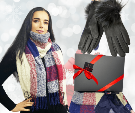 Cadoul perfect de Crăciun - Eșarfă de damă din cashmere cu lână și vâscoză,și mănuși din material textil, catifelat, bleumarin [0]