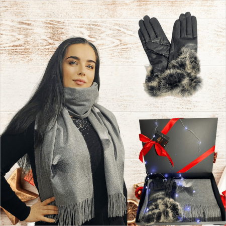 Cadoul perfect de Crăciun - Eșarfă de damă din lână și vâscoză și mănuși S din piele negre cu blanita [0]