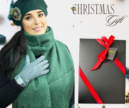 Cadoul perfect de Crăciun - Eșarfă groasa de damă din cashmere și mănuși  catifelate cu blăniță  5707GRN [0]