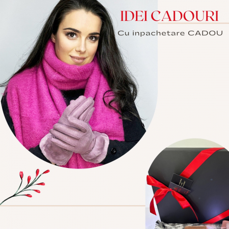 Cadoul perfect de Crăciun - Eșarfă groasa de damă din cashmere și mănuși  catifelate cu blăniță roz  5708CKM [3]