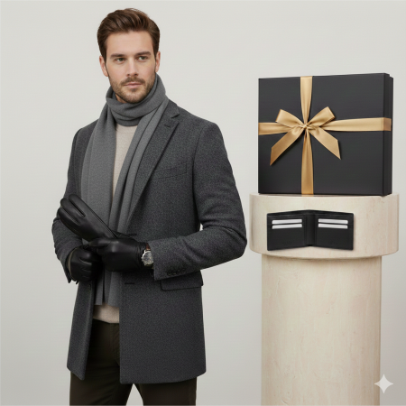 Seturi barbati portofel si curea - Cadoul perfect de Crăciun  pentru barbati - Portofel din piele naturala, esarfa  eleganta de barbati 30x140cm si manusi din piele,  gri 2322N