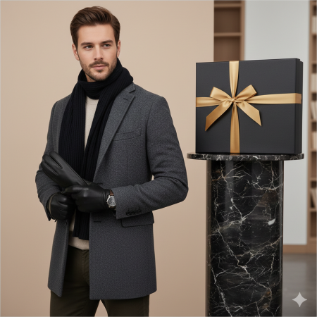 Cadoul perfect de Crăciun  pentru barbati - Portofel din piele naturala, esarfa  eleganta de barbati 30x140cm si manusi din piele,  negru 2322N [7]