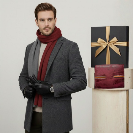 Seturi cadou pentru EL - Cadoul perfect de Crăciun  pentru barbati - Portofel din piele naturala, esarfa  eleganta de barbati 30x140cm si manusi din piele,  negru 2322N