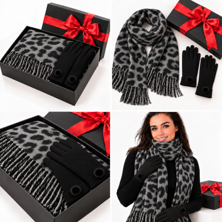 Cadoul perfect de Craciun set 2in1 cu manusi si esarfa animal print gri 2401-8 [1]