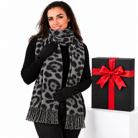 Cadoul perfect de Craciun set 2in1 cu manusi si esarfa animal print gri 2401-8 [2]