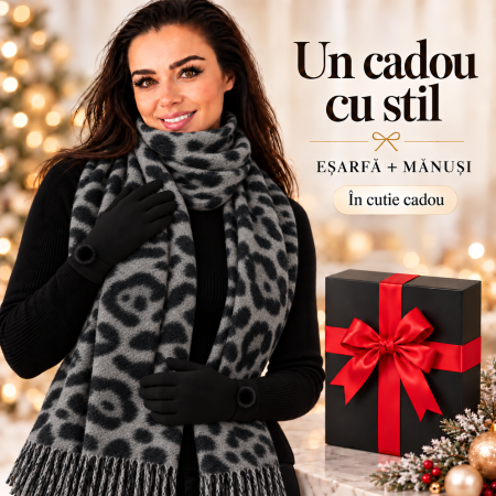 Seturi cadou femei - Cadoul perfect de Craciun set 2in1 cu manusi si esarfa animal print gri 2401-8