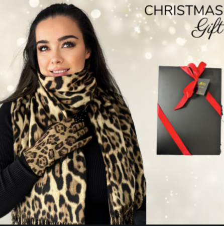 Cadoul perfect de Craciun set 2in1 cu manusi si esarfa animal print maro 2401300-9 [0]