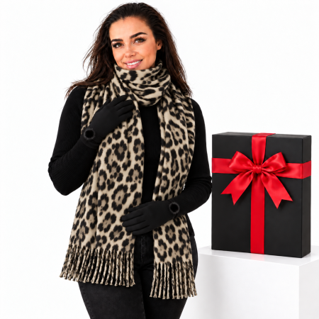 Seturi cadou femei - Cadoul perfect de Craciun set 2in1 cu manusi si esarfa animal print bej 2401-9