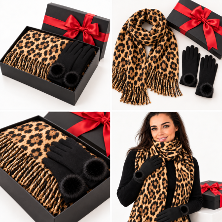 Cadoul perfect de Craciun set 2in1 cu manusi si esarfa animal print maro 2401300-9 [1]