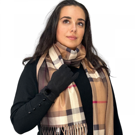 Cadoul perfect de Crăciun - set 2in1 cu manusi si esarfa carouri femei C-5707.03 maro [1]