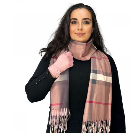 Cadoul perfect de Crăciun - set 2in1 cu manusi si esarfa carouri femei C-5707.04 roz cu nasturei [1]
