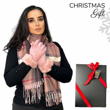 Cadoul perfect de Crăciun - set 2in1 cu manusi si esarfa carouri femei C-5707.04 roz cu blanita [0]