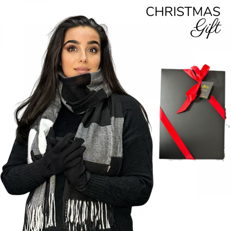 Pachete si seturi cadou femei - Cadoul perfect de Crăciun - set 2in1 cu manusi si esarfa carouri femei C-5707.20 negru