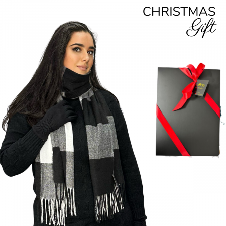 Cadoul perfect de Crăciun - set 2in1 cu manusi si esarfa carouri femei C-5707.20 negru [1]