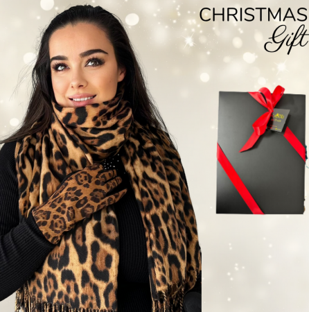Pachete si seturi cadou femei - Cadoul perfect de Craciun set 2in1 cu manusi si esarfa animal print maro 2401300-9