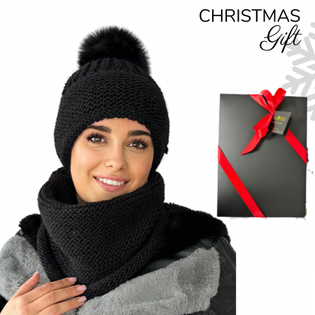 Cadoul perfect de Crăciun - Set caciula cu fular asortat, din lana, ambalat in cutie cadou, model CAMELIA negru [0]