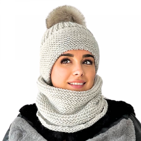 Cadoul perfect de Crăciun - Set caciula cu fular asortat, din lana, ambalat in cutie cadou, model CAMELIA gri [1]