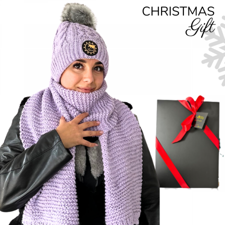 Cadoul perfect de Crăciun - Set caciula cu fular asortat, din lana, ambalat in cutie cadou, model IULIA mov deschis [1]
