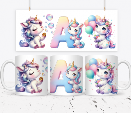 Cani personalizate copii - Cană Unicorn personalizată pentru fetite cu printese  KID1007 litera A
