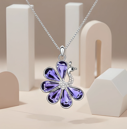 Seturi cu cristale - Colier delicate swan violet inchis cu cristale si placat cu aur