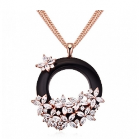 Valentine's Day - Colier lung Moonlight Flower Black and White cu cristale, placat cu aur 18K