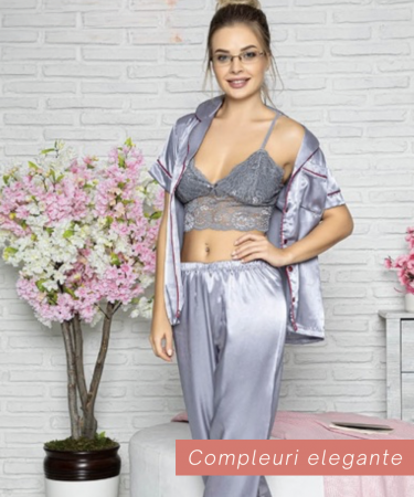 Compleu sexy 3 piese, pijamale cu nasturi din satin gri, 43494 [1]