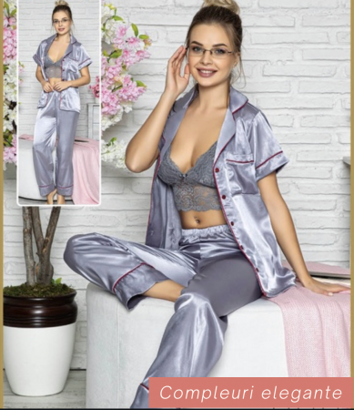 Compleu sexy 3 piese, pijamale cu nasturi din satin gri, 43494 [0]