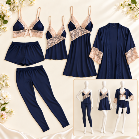 Pijamale - Compleu 5 piese lenjerie eleganta de mireasa cu camasa de noapte,pijamale  și halat,, bleomarin