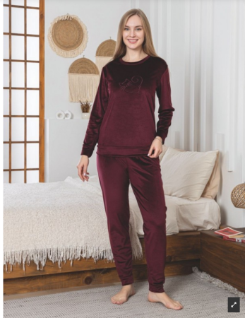 Pijamale de dama - Compleu catifea damă BAK814 visiniu – Confort, stil și eleganță