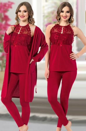 Compleu sexy 3 piese, cu pijamale si halat din bumbac visiniu, 25941, marime universala [0]