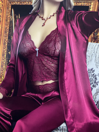 Compleu sexy 3 piese, cu pijamale si halat din satin vișiniu, 1040 [1]
