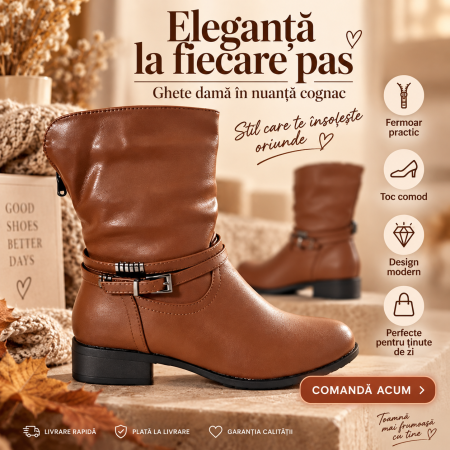 Ghete, botine si cizme - Ghete imblanite de dama cu toc jos, maro