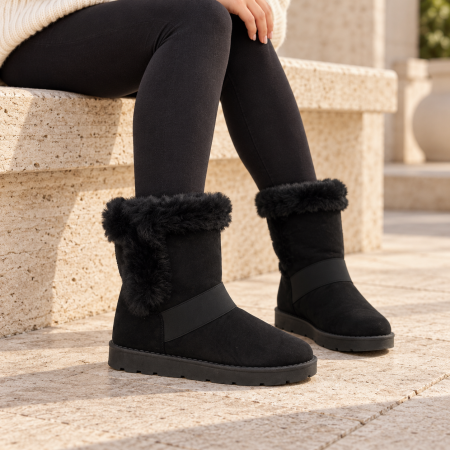 Ghete, botine si cizme - Cizmulite tip UGG blanite,  de dama cu talpa groasa, negre  WDB-21