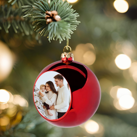 Cadouri sub 60 lei - Glob rosu pentru brad  personalizat cu poza Ø 6cm
