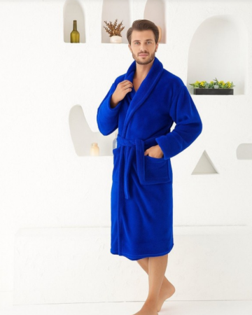 Pijamale de barbati - Halat gros cololino baie pentru barbati, buzunare si cordon in talie, albastru
