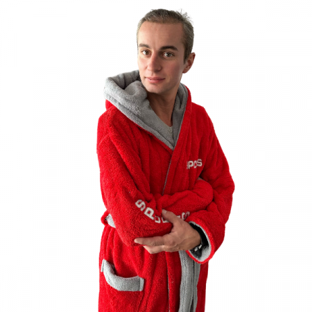 Halat baie cu gluga pentru barbati, buzunare si cordon in talie, design SPORT, Cocolino ROSU [1]