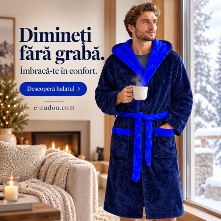 Colectia de CRACIUN - Halat baie cu gluga pentru barbati, buzunare si cordon in talie, design uni, Cocolino Albastru