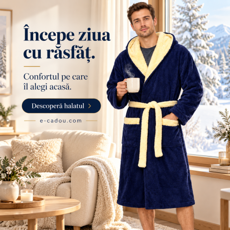 Halat baie cu gluga pentru barbati, buzunare si cordon in talie, design uni, Cocolino Bleomarin [0]