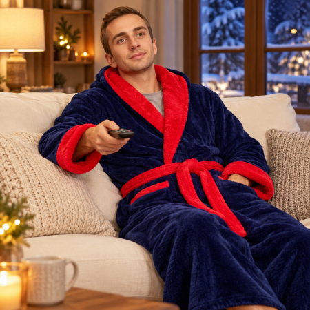 Pijamale de barbati - Halat baie cu gluga pentru barbati, buzunare si cordon in talie, design uni, Cocolino Bleomarin si Rosu