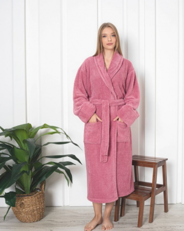 Pijamale de dama - Halat de baie foarte gros fara gluga, buzunare si cordon in talie, ROZ FLAMINGO COD 9012