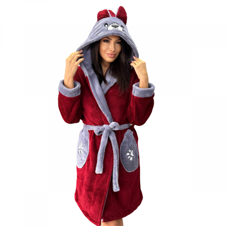 Halat de baie  foarte gros cu gluga, buzunare si cordon in talie, visiniu, cu urechi si labute, BAR201V [0]