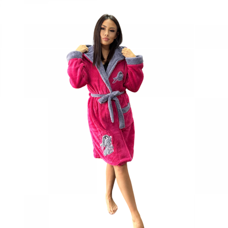 Halat de baie  foarte gros cu gluga, buzunare si cordon in talie, roz cyclam, cu urechi si labute, BAR201C [0]