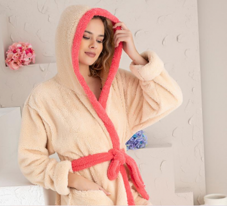 Halat de baie  foarte gros cu gluga, buzunare si cordon in talie, design deosebit, crem BAK006 [2]