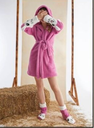 Halat Femei Cocolino cu gluga si botosi asortati, model cu catel, Pufos, roz/alb, I4_8E9F [3]